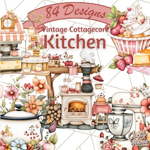 Imágenes prediseñadas de cocina estilo cottagecore, electrodomésticos florales retro PNG, arte de cocina coral, decoración de cocina acogedora, imágenes prediseñadas de batidora vintage PNG para imprimir