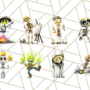 May include: A collection of cartoon skeletons in various poses and activities. One skeleton plays a banjo by a campfire, another paints, and others run, ride a tricycle, and juggle pumpkins. The skeletons are set against a geometric background.