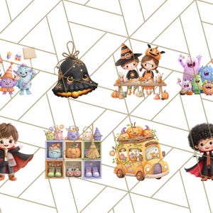 Pu&ograve; includere: Una collezione di illustrazioni a tema Halloween con personaggi dei cartoni animati. Le immagini includono mostri, bambini in costume, una campana con ragnatele e un autobus scolastico decorato con zucche. La tavolozza dei colori comprende arancione, viola e nero.