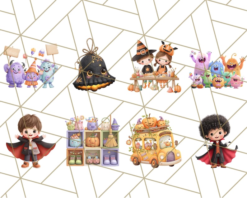 Pu&ograve; includere: Una collezione di illustrazioni a tema Halloween con personaggi dei cartoni animati. Le immagini includono mostri, bambini in costume, una campana con ragnatele e un autobus scolastico decorato con zucche. La tavolozza dei colori comprende arancione, viola e nero.
