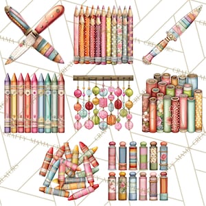 May include: Watercolor illustration of art supplies including crossed knives, pencils, crayons, decorative beads, and spools of fabric. The items feature pastel colors and floral patterns, perfect for craft projects.
