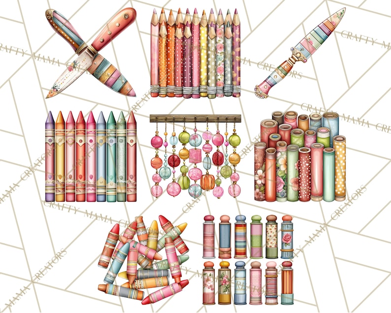 May include: Watercolor illustration of art supplies including crossed knives, pencils, crayons, decorative beads, and spools of fabric. The items feature pastel colors and floral patterns, perfect for craft projects.