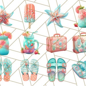 May include: A set of summer-themed illustrations featuring a pink popsicle, blue and pink starfish, blue mason jars with fruit and ice, pink suitcases with travel stickers, blue flip-flops and blue sandals.