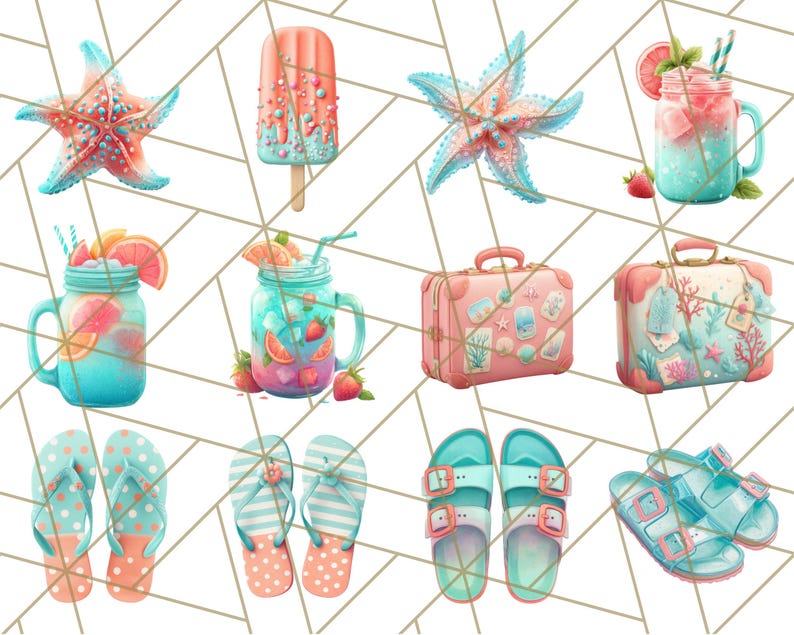 May include: A set of summer-themed illustrations featuring a pink popsicle, blue and pink starfish, blue mason jars with fruit and ice, pink suitcases with travel stickers, blue flip-flops and blue sandals.