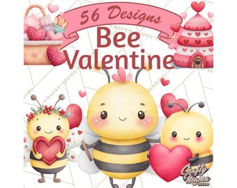 56 Png Bee Valentine Clipart PNG, Cute Kawaii Watercolor Bee With Hearts, Chibi Character, Printable Valentine Clip Art, Pastel Illustration