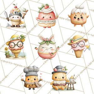 May include: Watercolor illustrations of anthropomorphic desserts, including ice cream cones with hats and sunglasses, a cupcake knight, and a strawberry-topped character. The desserts have cute, expressive faces and are set against a white background with a geometric pattern.