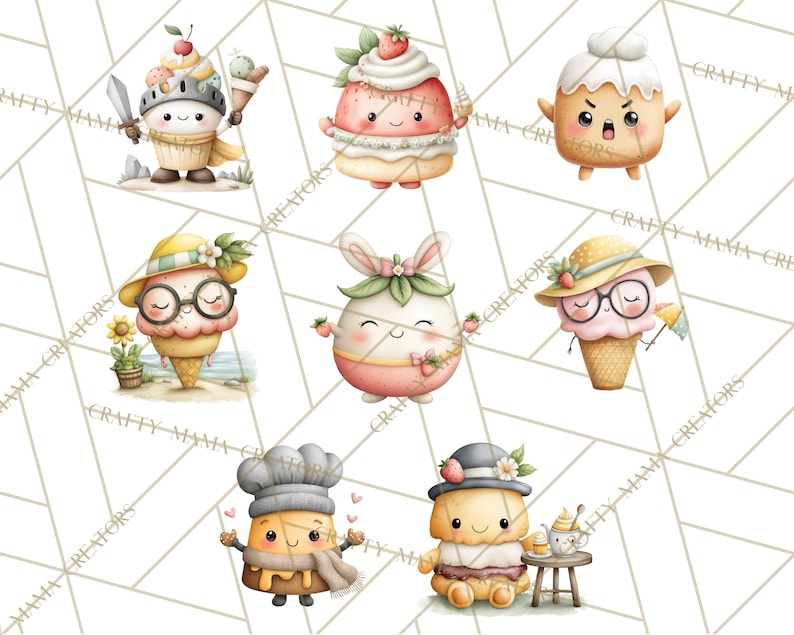 May include: Watercolor illustrations of anthropomorphic desserts, including ice cream cones with hats and sunglasses, a cupcake knight, and a strawberry-topped character. The desserts have cute, expressive faces and are set against a white background with a geometric pattern.