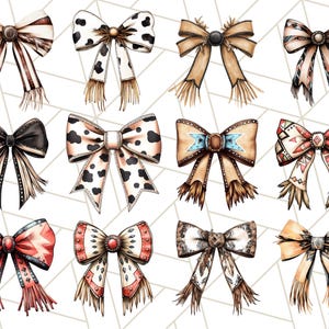May include: Twelve watercolor illustrations of bows with various patterns and colors, including black and white cow print, brown and white stripes, and geometric patterns. The bows have fringe details and are arranged in a grid pattern.