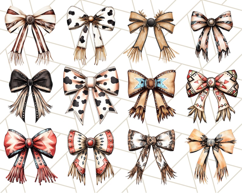 May include: Twelve watercolor illustrations of bows with various patterns and colors, including black and white cow print, brown and white stripes, and geometric patterns. The bows have fringe details and are arranged in a grid pattern.