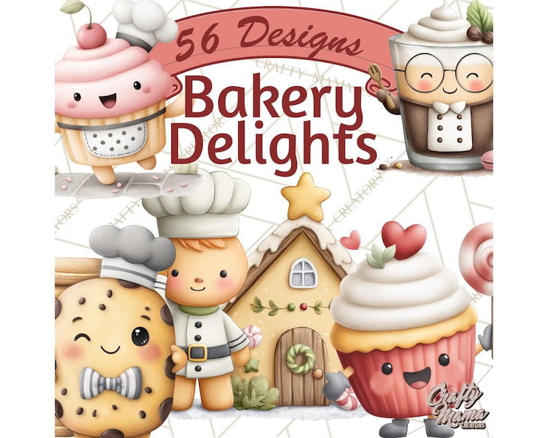 May include: Watercolor illustration featuring adorable bakery-themed characters. The image includes a cupcake, cookie, gingerbread person, and a coffee drink, all with smiling faces. Text reads "56 Designs Bakery Delights."