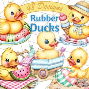 May include: A digital illustration featuring several yellow rubber ducks in various summer scenes. One duck is in a watermelon float, another with an ice cream cone, and another with a beach ball. The text "48 Designs Rubber Ducks" is also present.