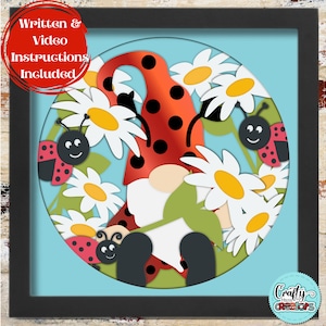 3D Gnome Shadow Box Svg, Spring Flowers Shadowbox Svg, Ladybug Gnome On Swing 3D Layered Papercut, Gnome Ladybug SVG Files For Cricut