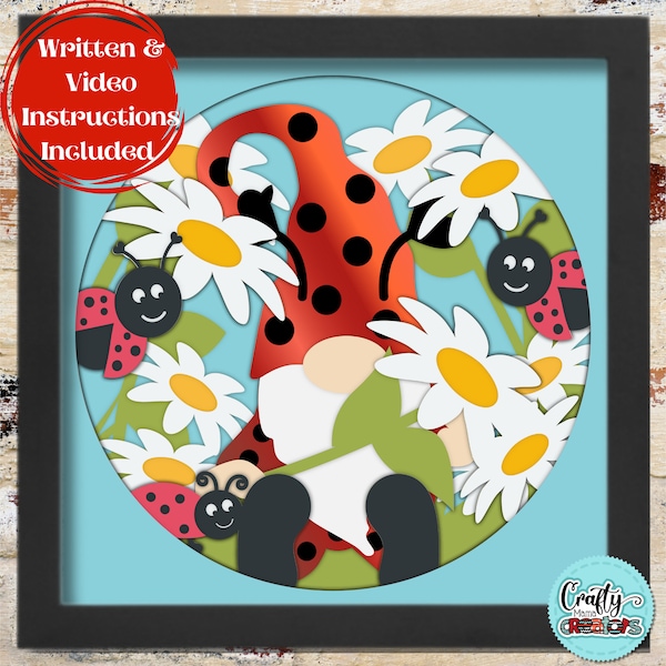 3D Gnome Shadow Box Svg, Spring Flowers Shadowbox Svg, Ladybug Gnome On Swing 3D Layered Papercut, Gnome Ladybug SVG Files For Cricut