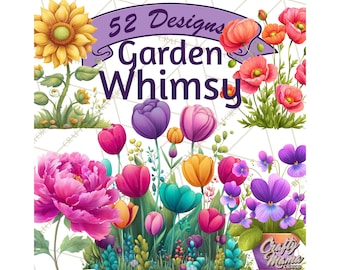 52 Png, Whimsical Flowers & Plants Clipart PNG, Cute Clip Art, Printable Digital Illustrations, Kawaii Garden, Home, School Craft Designs