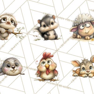 Pu&ograve; includere: Una collezione di sei adorabili animali dei cartoni animati: un bradipo su un ramo, un criceto, una pecora, una foca, una gallina e un cerbiatto. Ogni animale &egrave; raffigurato con grandi occhi e colori tenui, su uno sfondo geometrico.