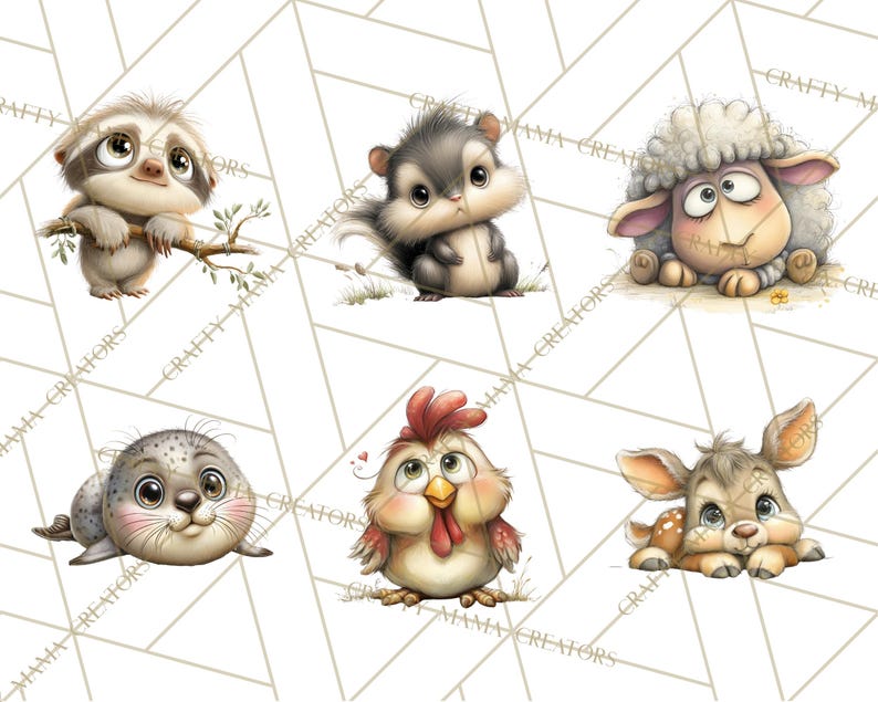 Pu&ograve; includere: Una collezione di sei adorabili animali dei cartoni animati: un bradipo su un ramo, un criceto, una pecora, una foca, una gallina e un cerbiatto. Ogni animale &egrave; raffigurato con grandi occhi e colori tenui, su uno sfondo geometrico.