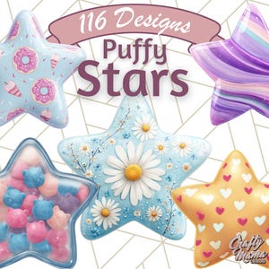 Puffy Star Clipart PNG, Cute Glossy Star Clip Art, Pastel Patterned Stars for Sublimation, Kawaii Star PNG, Digital Sticker Graphics