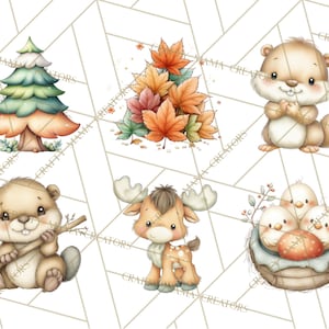 May include: Watercolor illustrations of woodland creatures and autumn elements. Includes a squirrel, beaver, moose, and baby birds, along with a pine tree and a pile of fall leaves. The artwork has a soft, pastel color palette.