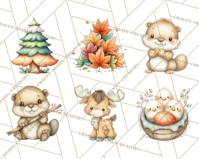 May include: Watercolor illustrations of woodland creatures and autumn elements. Includes a squirrel, beaver, moose, and baby birds, along with a pine tree and a pile of fall leaves. The artwork has a soft, pastel color palette.