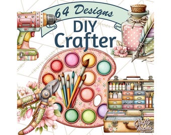 64 imágenes prediseñadas de herramientas de manualidades, suministros para hacer, iconos imprimibles de manualidades, elementos de costura y arte, imágenes prediseñadas creativas