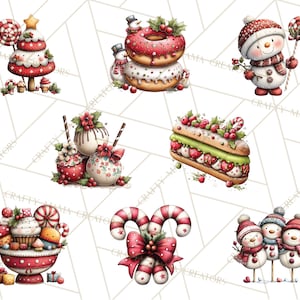 Puede incluir: Ilustraciones en acuarela de golosinas y personajes navide&ntilde;os. Incluye un &aacute;rbol de Navidad, un mu&ntilde;eco de nieve, rosquillas, pastel, bastones de caramelo y mu&ntilde;ecos de nieve. La paleta de colores es roja, blanca y verde, con un estilo caprichoso.