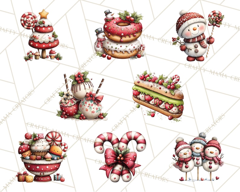 Puede incluir: Ilustraciones en acuarela de golosinas y personajes navide&ntilde;os. Incluye un &aacute;rbol de Navidad, un mu&ntilde;eco de nieve, rosquillas, pastel, bastones de caramelo y mu&ntilde;ecos de nieve. La paleta de colores es roja, blanca y verde, con un estilo caprichoso.