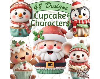 48 Png Christmas Cupcake Characters Clipart, Cute Mini Holiday Cupcakes PNG, Santa, Elves, Reindeer, Snowman, Penguin, Gingerbread Printable