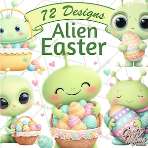 Puede incluir: Una ilustración digital con extraterrestres de dibujos animados celebrando la Pascua. Los extraterrestres son verdes con ojos grandes y antenas, sosteniendo huevos de Pascua y cestas. La imagen incluye el texto "72 Designs Alien Easter."