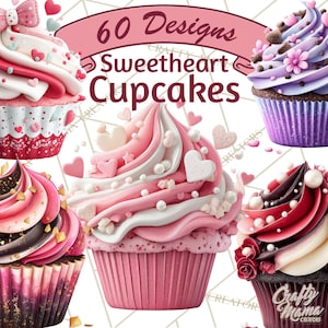 Puede incluir: Imagen de seis cupcakes decorados con varios diseños. Los cupcakes tienen glaseado rosa, blanco y morado, con decoraciones de corazones y flores. El texto "60 Designs Sweetheart Cupcakes" se muestra en la parte superior.