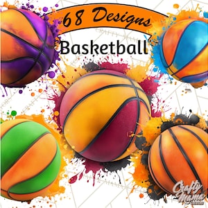 May include: A digital design featuring several basketballs in various colors, including orange, purple, green, and blue. The word "Basketball" is displayed in white text, with the words "68 Designs" above it. The image has a watercolor effect with paint splatters.