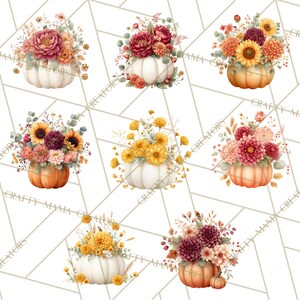 Op de afbeelding: Waterverfillustraties van pompoenen gevuld met bloemen in verschillende kleuren. De pompoenen zijn wit en oranje en de bloemen omvatten zonnebloemen, dahlia's en andere herfstbloemen. De achtergrond is een geometrisch patroon.