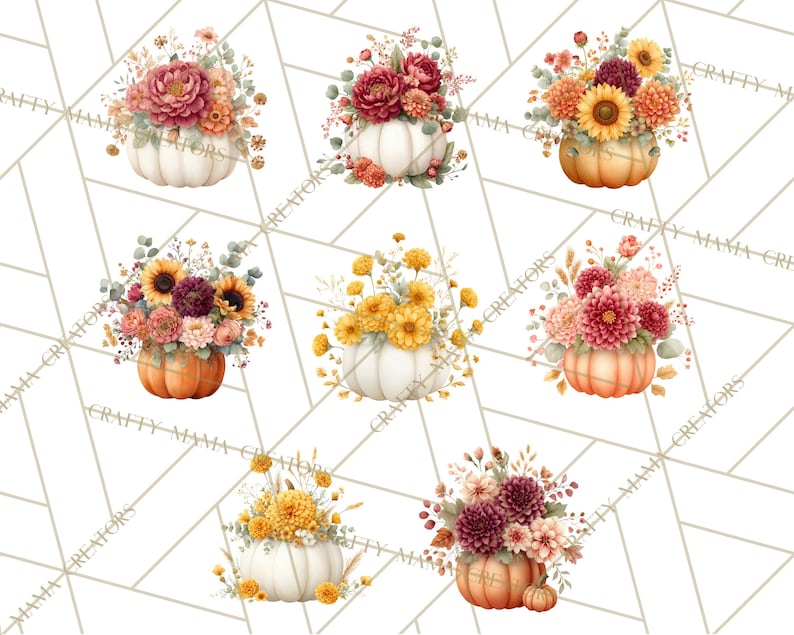 Op de afbeelding: Waterverfillustraties van pompoenen gevuld met bloemen in verschillende kleuren. De pompoenen zijn wit en oranje en de bloemen omvatten zonnebloemen, dahlia's en andere herfstbloemen. De achtergrond is een geometrisch patroon.