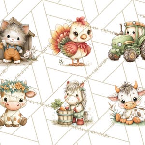 May include: Watercolor illustrations of farm animals and a tractor. The collection includes a kitten in overalls, a turkey, a green tractor, a cow with a floral crown, a horse with a bucket of carrots, and a calf. The illustrations have a soft, pastel color palette.