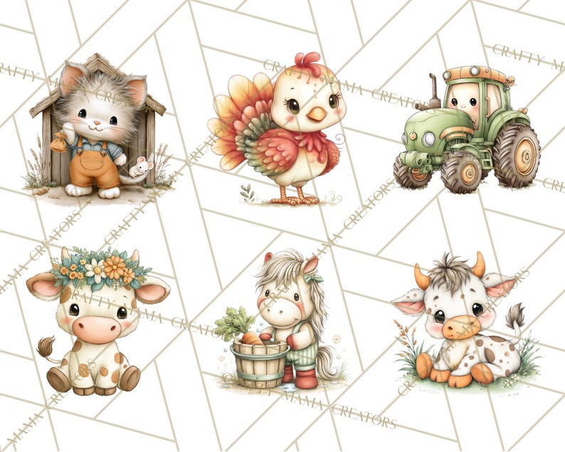 May include: Watercolor illustrations of farm animals and a tractor. The collection includes a kitten in overalls, a turkey, a green tractor, a cow with a floral crown, a horse with a bucket of carrots, and a calf. The illustrations have a soft, pastel color palette.