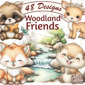 Puede incluir: Ilustración en acuarela con cuatro adorables animales del bosque: un mapache, un ciervo, un zorro y una ardilla. La imagen incluye el texto "48 Designs Woodland Friends". Los animales están ambientados en un arroyo y vegetación.