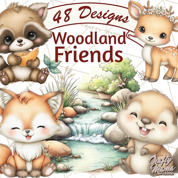 48 imágenes PNG, imágenes prediseñadas PNG de animales del bosque, imágenes prediseñadas de lindos amigos del bosque, decoración imprimible para guardería, arte digital, descarga digital para manualidades infantiles