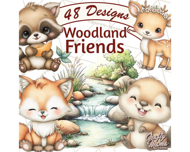 May include: Watercolor illustration featuring four adorable woodland creatures: a raccoon, a deer, a fox, and a squirrel. The image includes the text "48 Designs Woodland Friends". The animals are set against a backdrop of a stream and greenery.