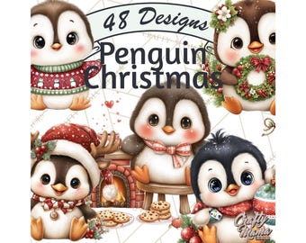 48 Png, Christmas Penguin Clipart PNG, Cute Kawaii Chubby Birds Hot Cocoa Snowball Fight Cookies Gifts, Festive Holiday Mini World Printable