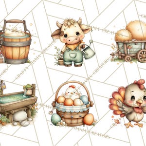 May include: Watercolor illustrations of farm animals and objects. Includes a wooden bucket, a cow with overalls, a cart with hay, a water trough, a basket of eggs, and a chicken.