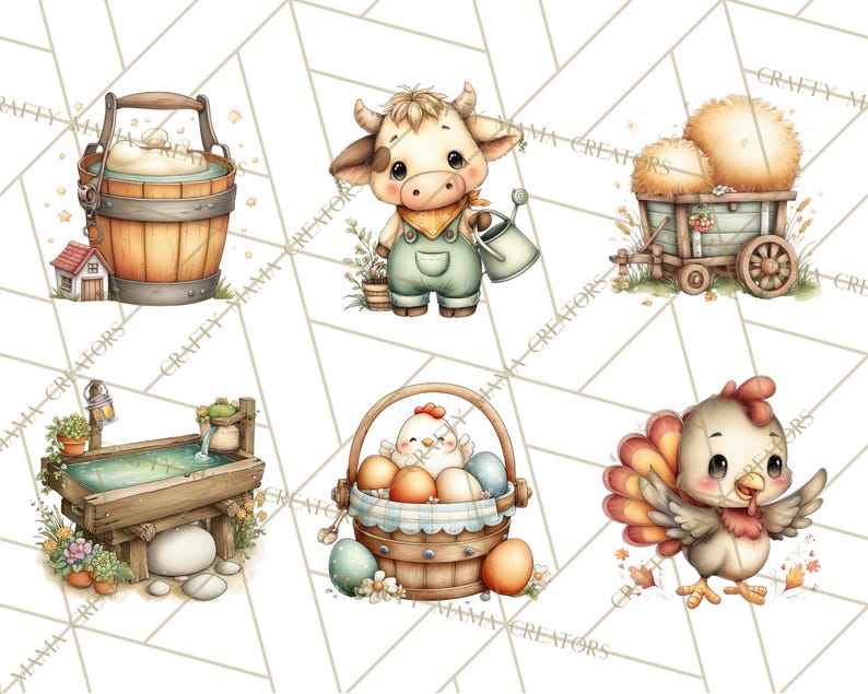 May include: Watercolor illustrations of farm animals and objects. Includes a wooden bucket, a cow with overalls, a cart with hay, a water trough, a basket of eggs, and a chicken.