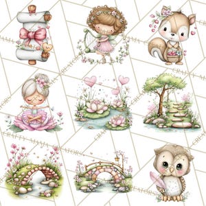 Puede incluir: Una colecci&oacute;n de ilustraciones acuarelas caprichosas con personajes y escenas adorables. Incluye un pergamino con un lazo rosa, un hada tocando el arpa, una ardilla con una cesta, una bailarina, un estanque con flores de loto, un camino, dos puentes y un b&uacute;ho.