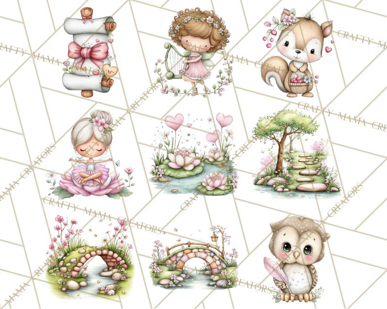 Puede incluir: Una colecci&oacute;n de ilustraciones acuarelas caprichosas con personajes y escenas adorables. Incluye un pergamino con un lazo rosa, un hada tocando el arpa, una ardilla con una cesta, una bailarina, un estanque con flores de loto, un camino, dos puentes y un b&uacute;ho.