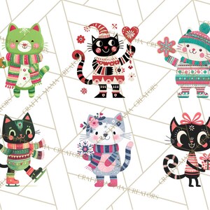 Op de afbeelding: Zes illustraties van katten in winterkleding. De katten dragen hoeden, sjaals en truien met patronen. Sommige houden feestelijke items vast, zoals een peperkoekmannetje, een hart, een sneeuwvlok en een cadeau. Het kleurenpalet omvat groen, rood, roze en blauw.