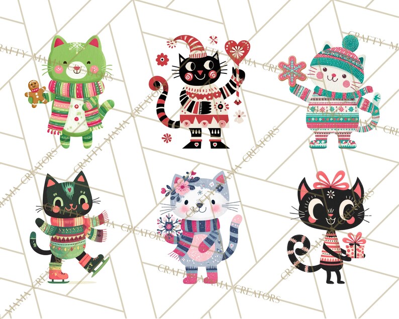 Op de afbeelding: Zes illustraties van katten in winterkleding. De katten dragen hoeden, sjaals en truien met patronen. Sommige houden feestelijke items vast, zoals een peperkoekmannetje, een hart, een sneeuwvlok en een cadeau. Het kleurenpalet omvat groen, rood, roze en blauw.