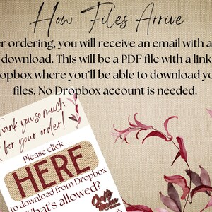 May include: A beige background with text explaining how to download files after ordering. The text includes "How Files Arrive" and details about receiving a PDF file with a Dropbox link. A small card says "Thank you so much for your order!" and "Please click HERE".