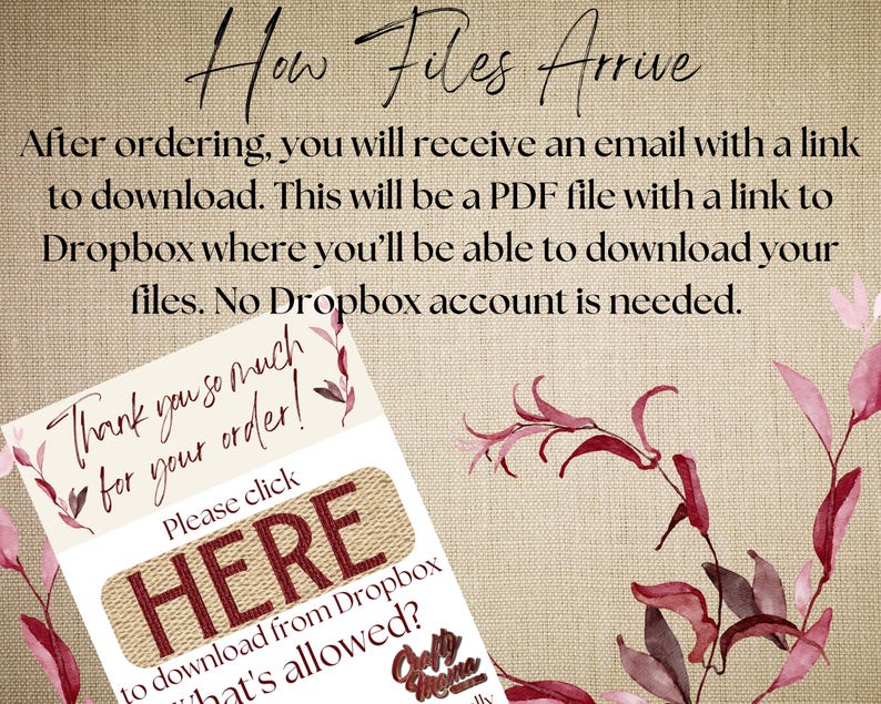 May include: A beige background with text explaining how to download files after ordering. The text includes "How Files Arrive" and details about receiving a PDF file with a Dropbox link. A small card says "Thank you so much for your order!" and "Please click HERE".