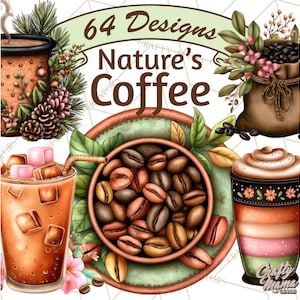 Puede incluir: Ilustración digital con diseños temáticos de café. La imagen incluye granos de café, una bolsa de granos y varias bebidas de café, como café helado con cubitos de hielo rosas y un latte en capas. El texto dice "64 Designs Nature's Coffee".
