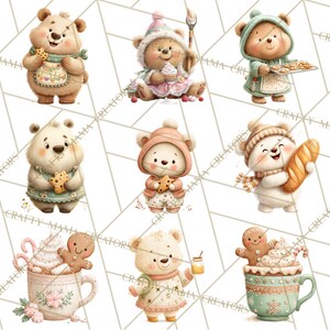 May include: Watercolor illustrations of adorable bears in various baking and culinary scenarios. One bear holds a cookie, another a cupcake, and others with bread, cookies, and hot chocolate. The bears are dressed in aprons and hats.