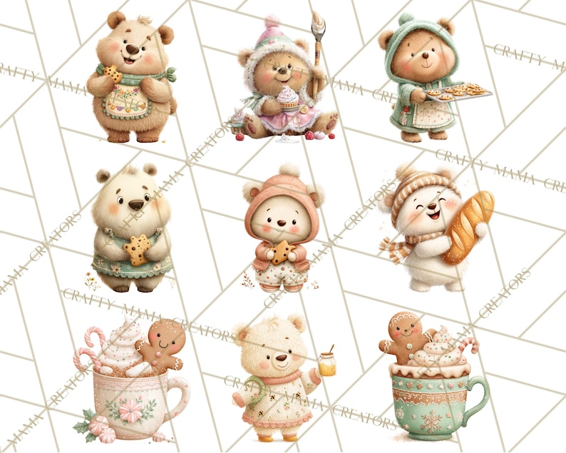 May include: Watercolor illustrations of adorable bears in various baking and culinary scenarios. One bear holds a cookie, another a cupcake, and others with bread, cookies, and hot chocolate. The bears are dressed in aprons and hats.