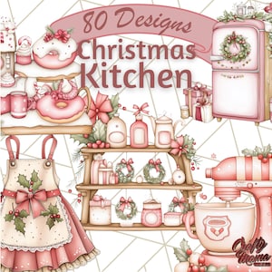 Puede incluir: 80 diseños de cocina navideña con una cocina rosa y blanca con una batidora de pie rosa y blanca, un refrigerador rosa y blanco y un delantal rosa y blanco con acebo y bayas.